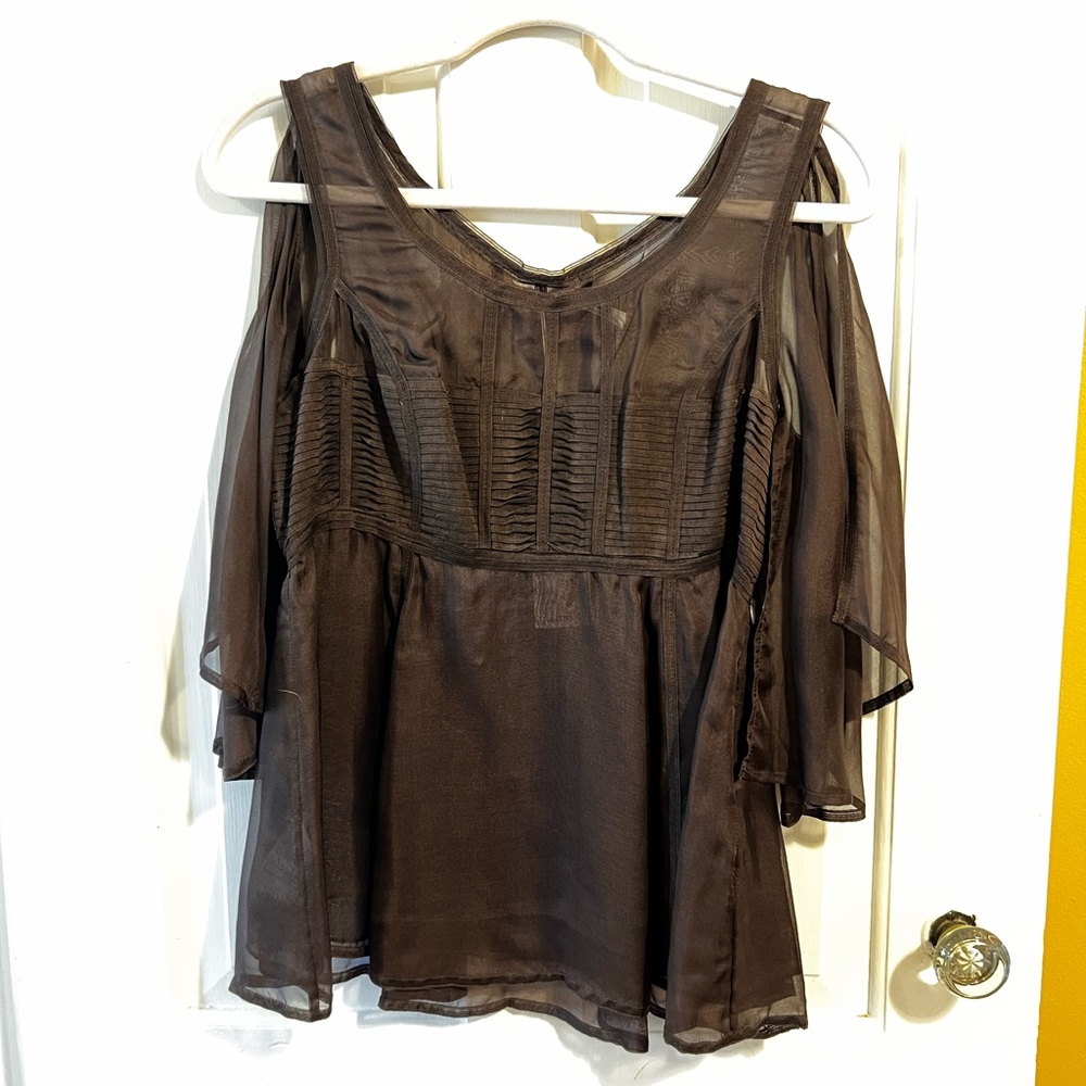 Brown Smocked Blouse with Ruffled Bell Sleeves